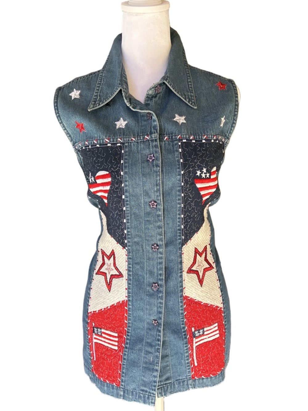 VTG 90s FashionBug patriotic American theme cottage patchwork denim vest NWT XL
